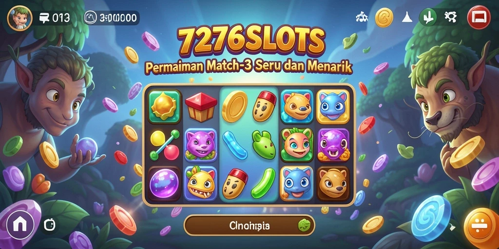 Screenshot gameplay 7276SLOTS yang menunjukkan kombinasi slot warna-warni.