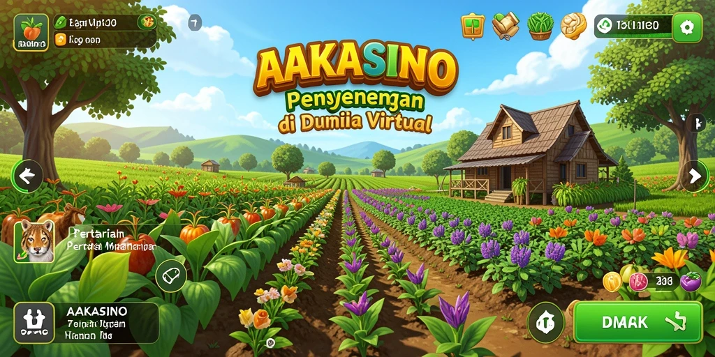 Tangkapan layar gameplay AAKASINO dengan pertanian yang subur dan interaksi sosial.