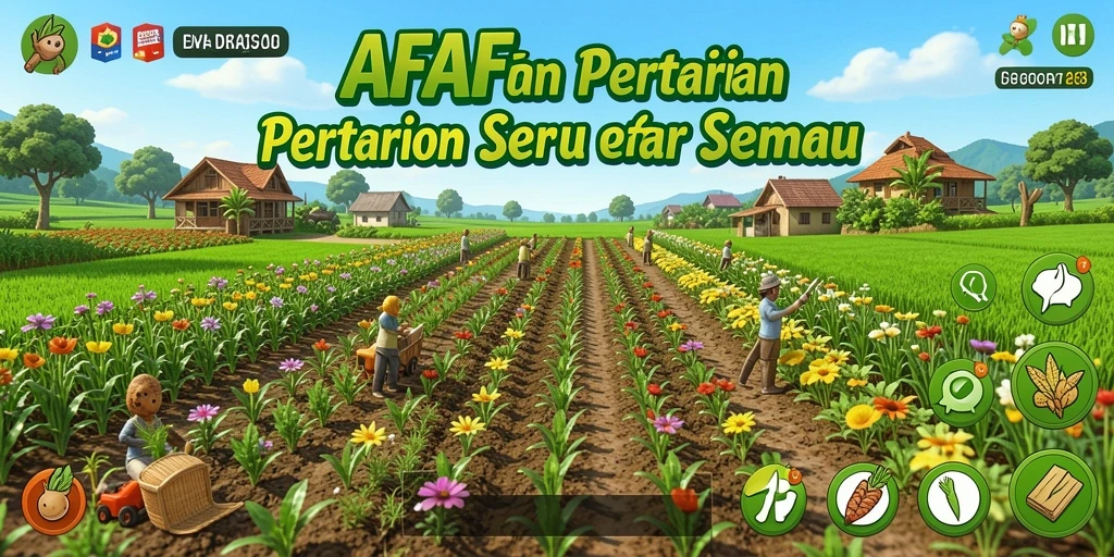 Screenshot menunjukkan pemain mengelola lahan pertanian dengan berbagai tanaman.