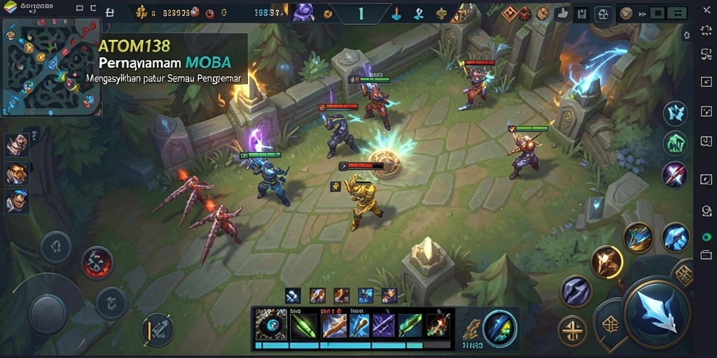 Tangkapan layar gameplay ATOM138 menampilkan pertarungan seru di arena MOBA.