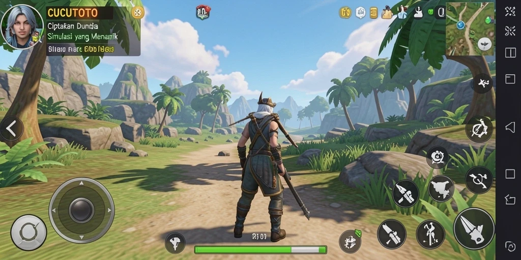 Tangkapan layar gameplay CUCUTOTO yang menampilkan kreasi dunia simulasi.