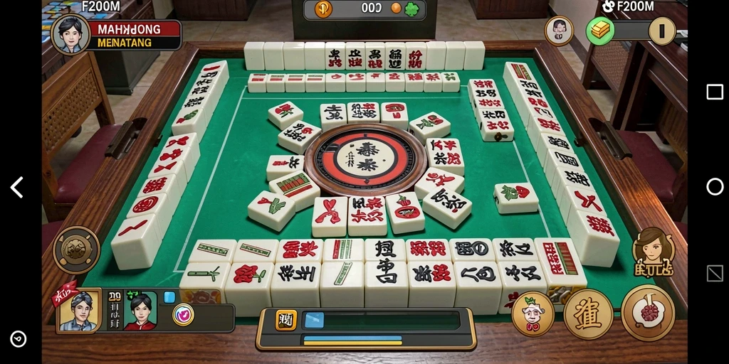 Tampilan gameplay seru di F200M dengan elemen Mahjong yang menarik.