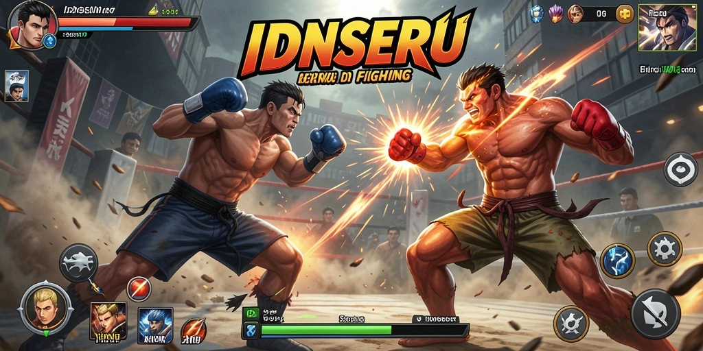 Screenshot utama IDNSERU menampilkan pertarungan seru antar karakter.