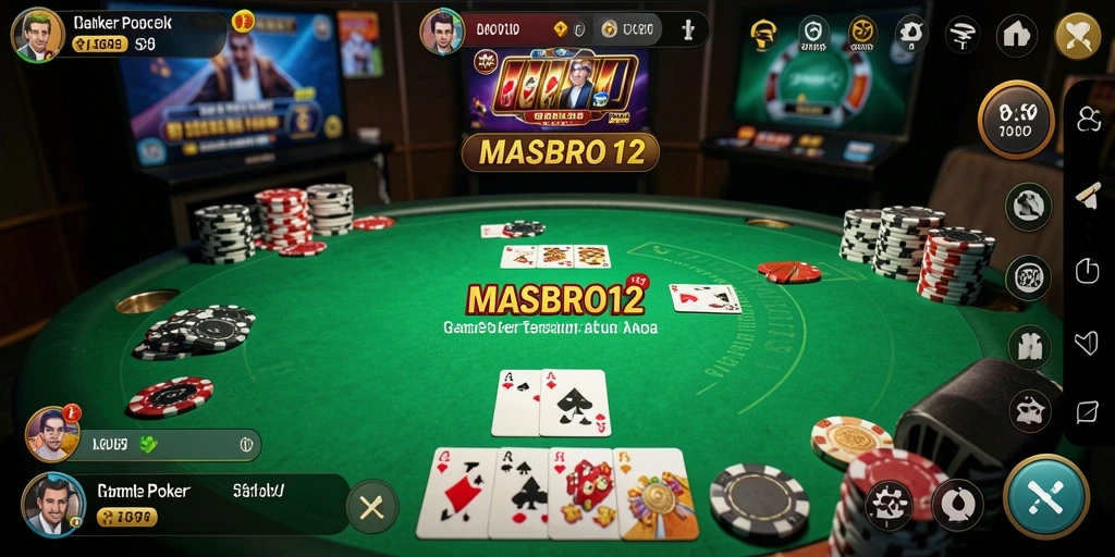 Tangkapan layar utama MASBRO12 menunjukkan suasana seru saat bermain poker.