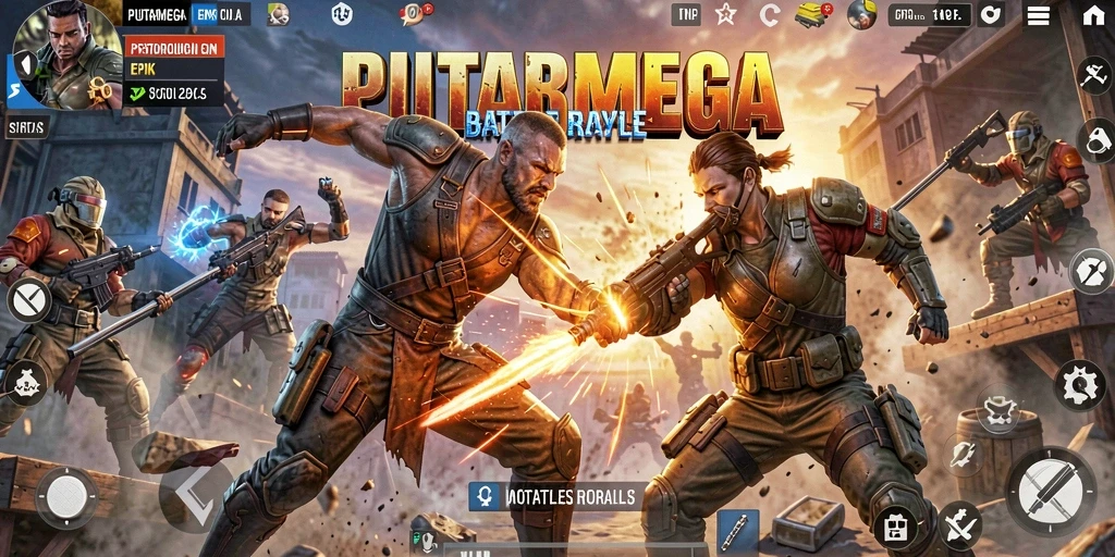Tampilan gameplay PUTARMEGA dalam aksi pertempuran Battle Royale.