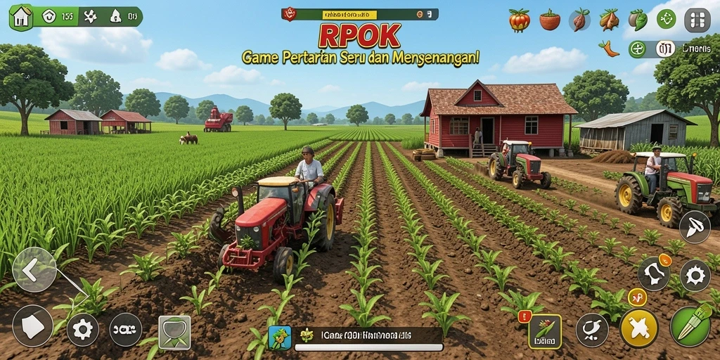 Tampilan gameplay RPOK dengan lahan pertanian yang subur.