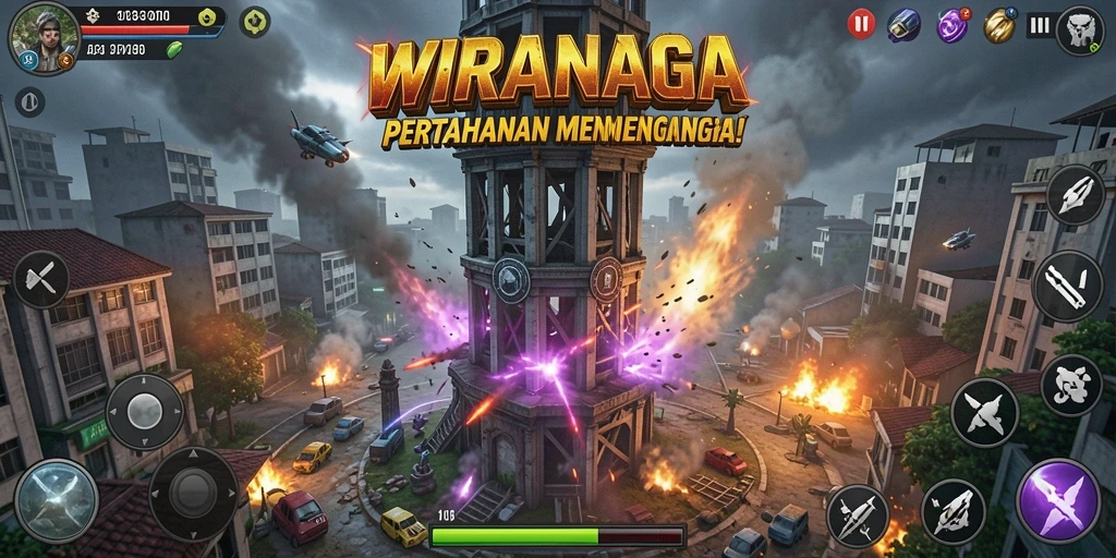Screenshot utama WIRANAGA menampilkan strategi Tower Defense yang intens.